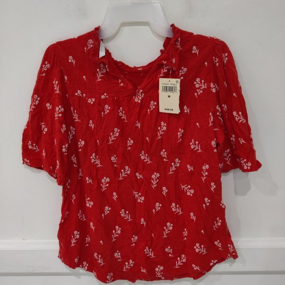 DEFECT Lucky Brand Women's Puff Sleeve Crew Neck Printed Top Red Size M $50 A415 - Picture 2 of 3